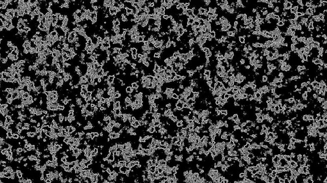 Abstract white speckles move across black background. Speckles appear random and dynamic. Ideal for digital art or tech projects