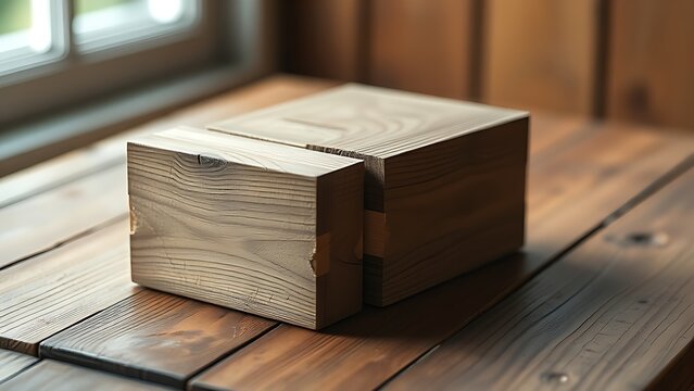 Weathered wooden blocks with dovetail joints interlocked on a rustic table.