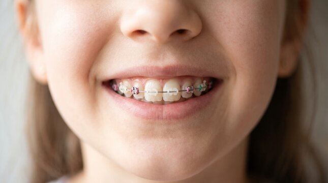 A young girl with colorful braces smiles brightly, showing off her orthodontic treatment progress.