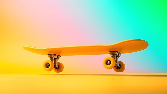 A vibrant yellow skateboard captured at a dynamic angle, radiating energy and movement.