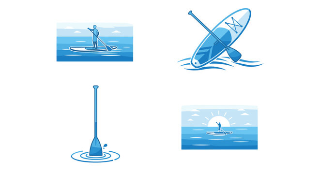 Stand up paddleboarding illustrations in blue tones on a white background