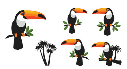 Obraz premium Collection of toucans perched on branches with tropical palm trees in the background