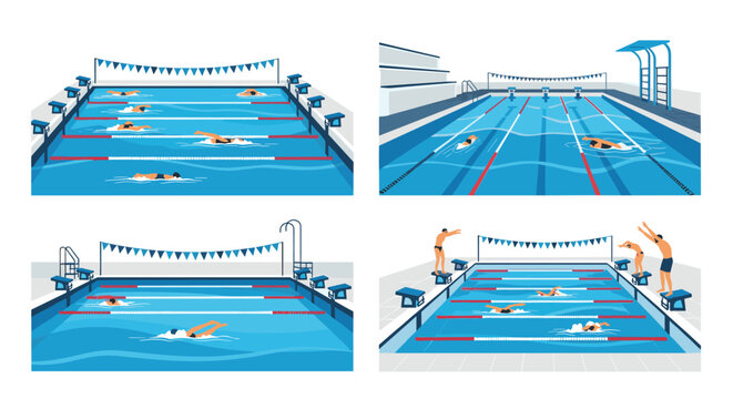 Athletes compete in swimming races at a competition pool with starting blocks