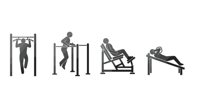 Fitness icons showing people exercising on gym equipment and bars