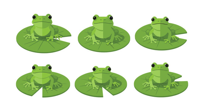 Collection of six cute green frogs sitting on lily pads in a flat design style
