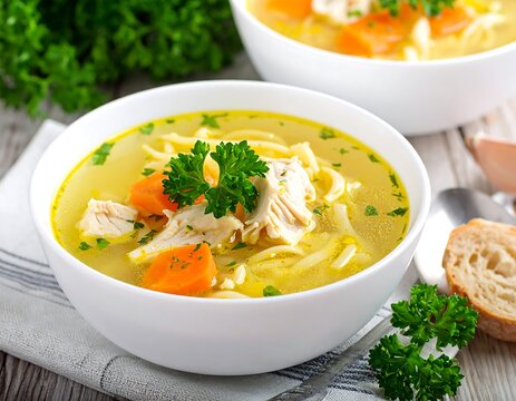 Close-up of two bowls of comforting soup, filled with cooked noodles, carrots, and shredded poultry in a light broth, garnished with fresh herbs