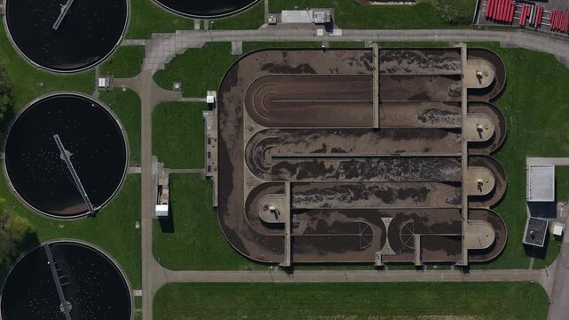 Aerial view of a wastewater treatment plant purifying water