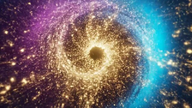 Mesmerizing vortex of glowing particles swirling towards a dark hole in the galaxy.