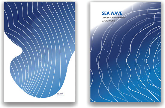 Set of two abstract blue wavy line art vector illustrations with abstract