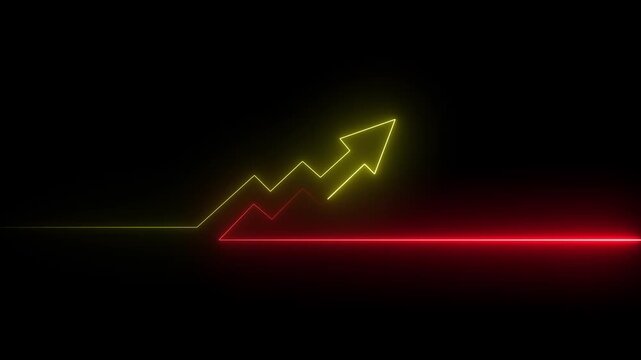 Neon glowing stock market arrow moving up on a digital graph background representing business growth.