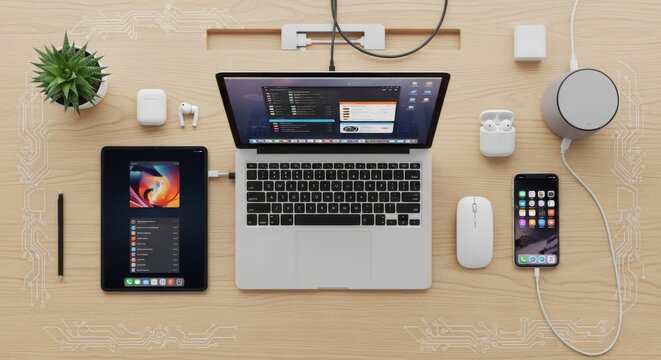 Modern Tech Workspace Setup with Laptop, Tablet, and Accessories