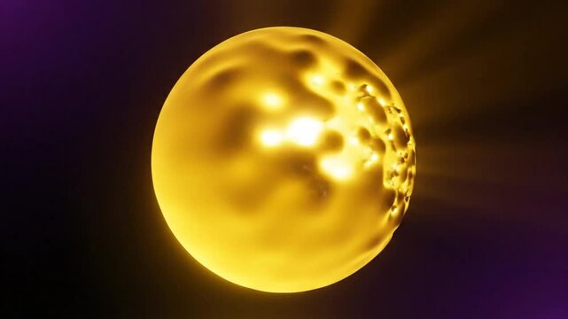 Abstract Yellow Sphere with Light Beams Against a Dark Purple Background, 3D Rendered