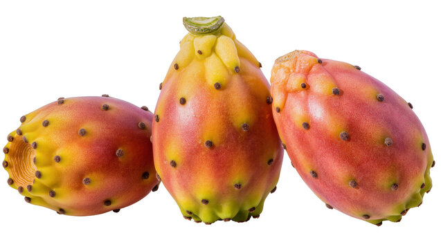 Three ripe prickly pear fruits with green caps and reddish skin