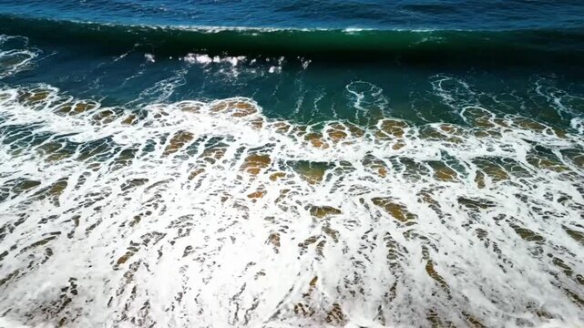 Aerial view of ocean waves crashing onto a golden sandy beach on a bright sunny day