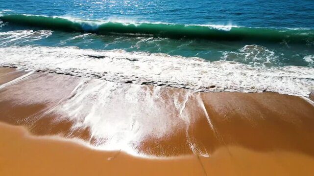 Waves Crashing onto Sandy Beach on a Sunny Day Creating Foamy Patterns, Aerial View