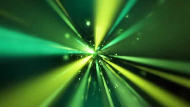 Abstract green light beams bursting from a bright central point creating a captivating visual effect