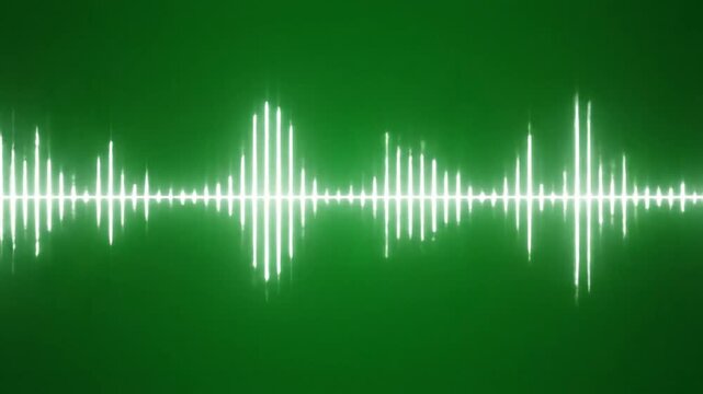 Bright pulsating white audio waveform visualizer over a vivid green background, representing sound waves