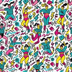 Fototapeta premium Dancers in Bright Clothing Engage in Energetic Activity Against a Vibrant Pattern Background With Geometric Shapes and Symbols