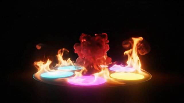 Abstract burning fiery colorful elements on a dark surface emitting smoke and light visual effect 3d rendering