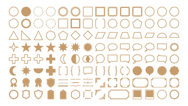 Golden Beige Shape and Frame Collection with Circle Square Star Badge Label Shield and Decorative Border Elements