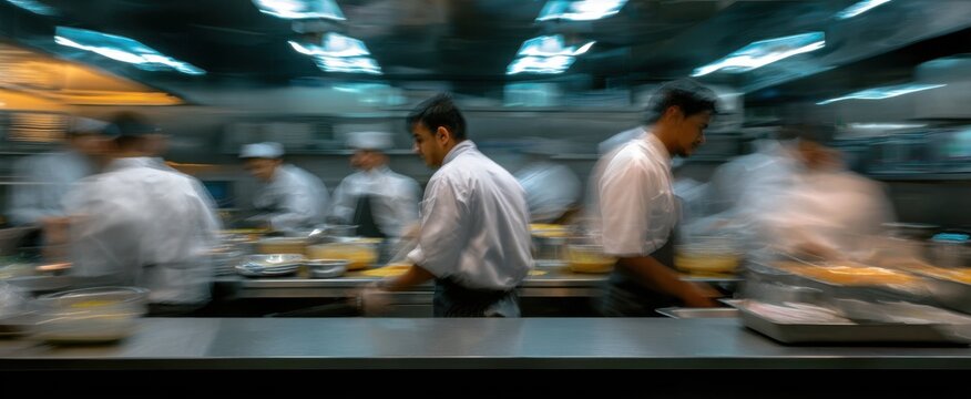 The fast food kitchen buzzes like a beehive during rush hour prep and assembly.