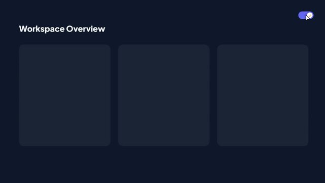 Modern workspace overview dashboard demonstrating light to dark mode theme toggle transition with card layout