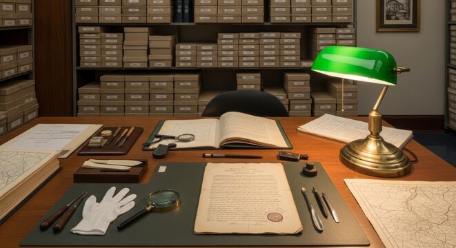 Museum Archivist's Desk with Historical Documents and Supplies