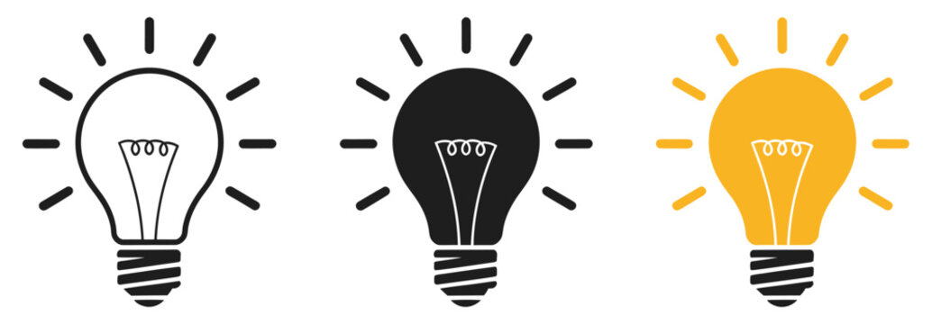 Idea light bulb icon collection, creative thinking and innovation symbols, inspiration and solution concept icons, simple modern vector design for business and education.