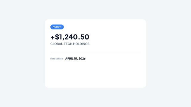 Minimalist financial transaction notification showing dividend payout amount and settlement date on clean background
