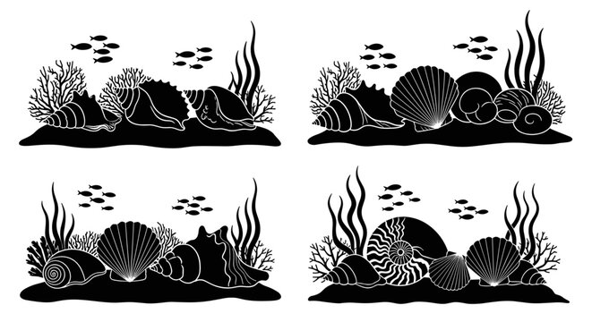 Collection of stylized black and white underwater scenes with seashells and fish
