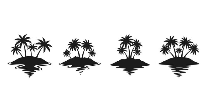 Collection of tropical island silhouettes with palm trees and water reflections