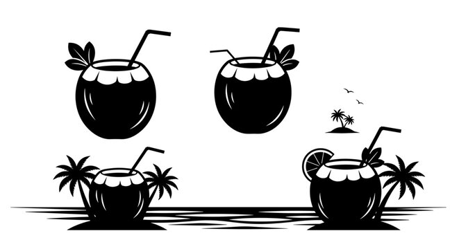 Tropical coconut drinks with palm trees and ocean waves, a refreshing summer beverage