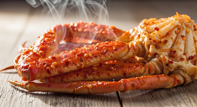Fresh cooked king crab legs on a rustic wooden table. cajun crab