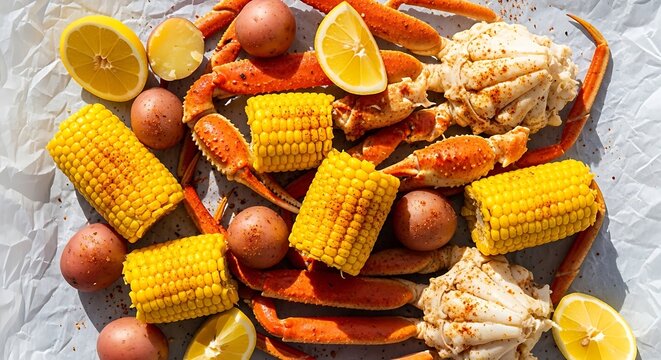 Fresh delicious crab legs boil with corn on the cob red potatoes and lemon wedges for dinner. cajun crab