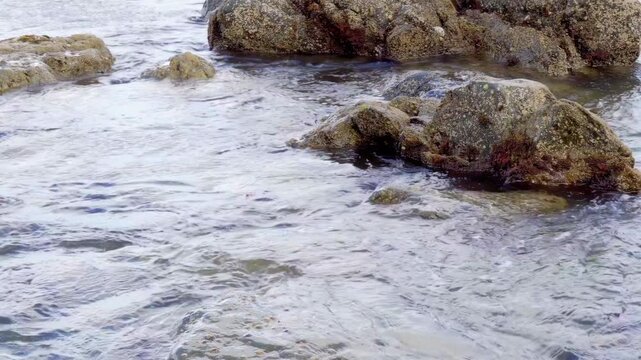 Sea water running in between rocks stock footage