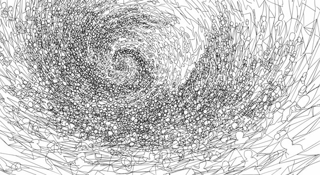 Abstract swirling vortex of tiny figures in a chaotic crowd