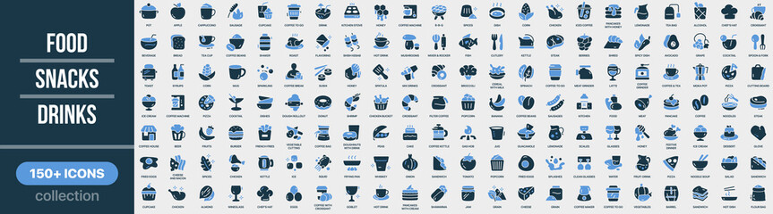 Obraz premium Food, snacks and drinks icon collection in colored style. Set of food, snacks, beverages, cooking, desserts, fruits, meals and kitchen icons
