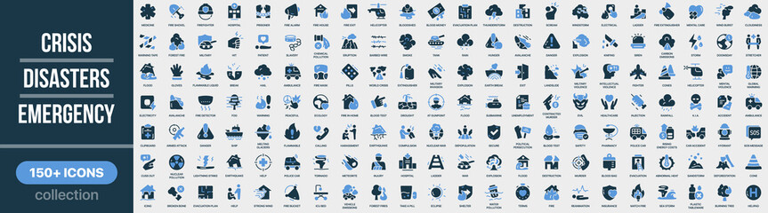 Crisis, disasters and emergency icon collection in colored style. Set of emergency, disaster, rescue, danger, accident, safety and crisis response icons