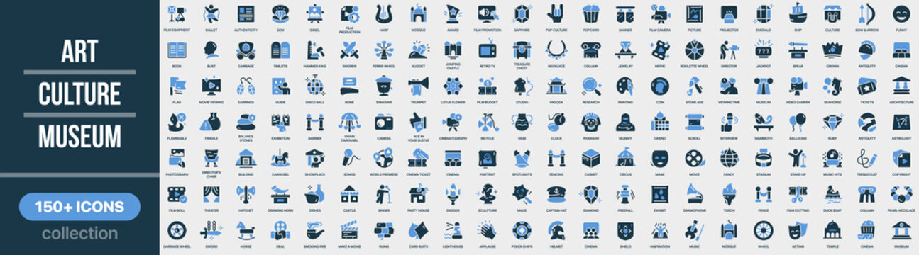 Art, culture and museum icon collection in colored style. Set of art, culture, museum, history, creativity, exhibition and cultural heritage icons
