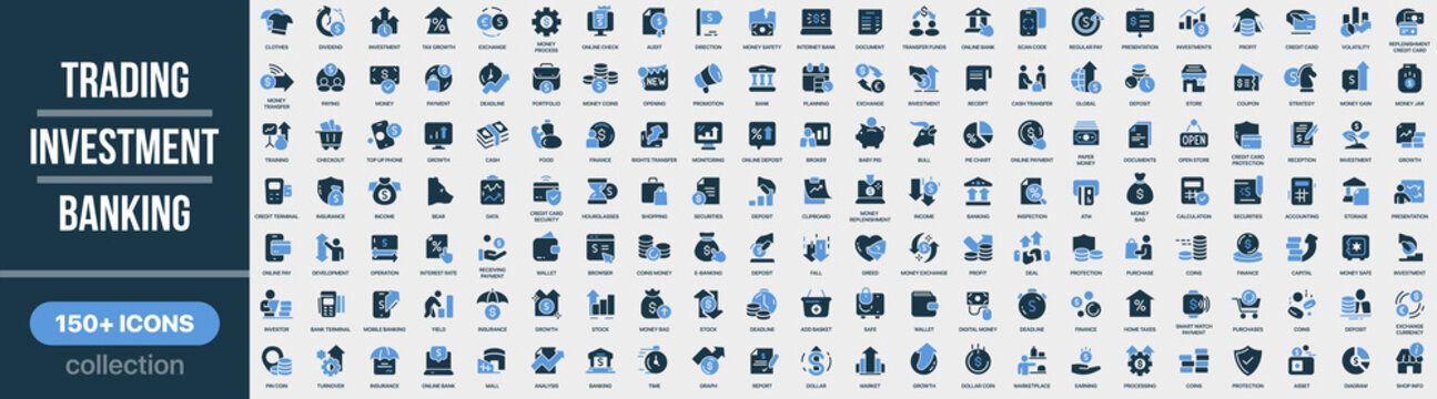 Trading, investment and banking icon collection in colored style. Set of stock market, trading, portfolio, exchange, deposit, broker, analytics and finance icons