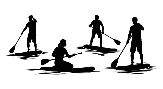Silhouettes of people paddleboarding on water in various poses