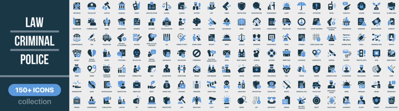 Law, criminal and police icon collection in colored style. Set of law, justice, police, crime, security, investigation and legal system icons