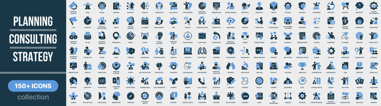 Planning, consulting and strategy icon collection in colored style. Set of business planning, consulting, management, goals, analysis, leadership, communication and strategy icons