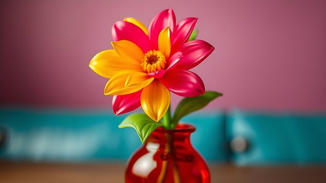 A cheap plastic flower in a garish vase, tacky aesthetic with bright colors.