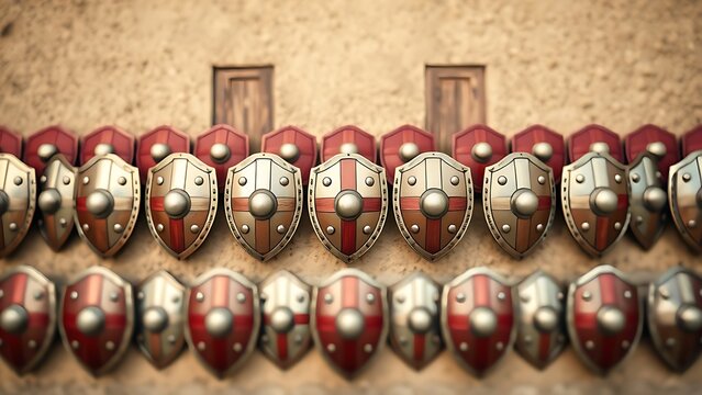 A repeating pattern of Roman shields forming a defensive wall.