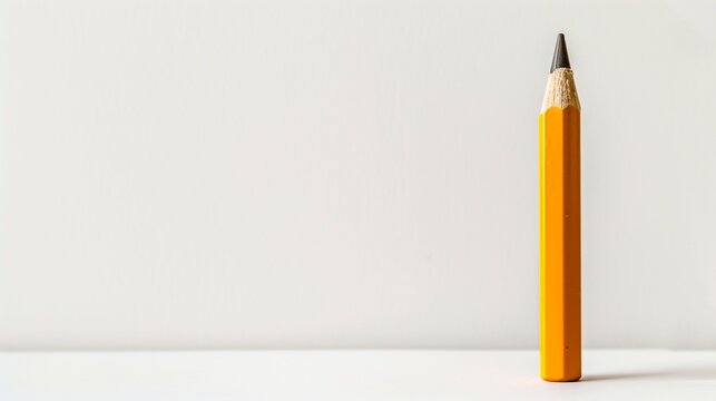 Single sharp yellow pencil standing upright on white background, creativity and education concept