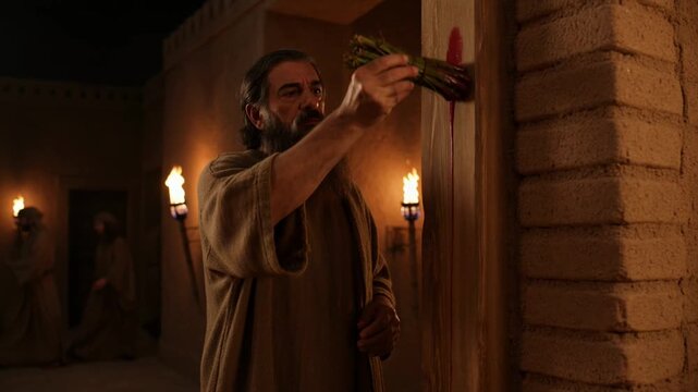 A bearded man in ancient robes applies a red substance to a doorframe, dramatically lit in an ancient building.