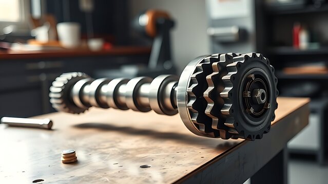 A disassembled engine camshaft on a workshop bench.
