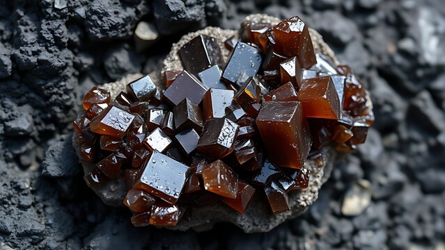 Dark bedrock mineral specimen with shiny, resinous brown crystals.