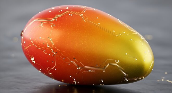 A cracked red and gold egg on a gray surface.